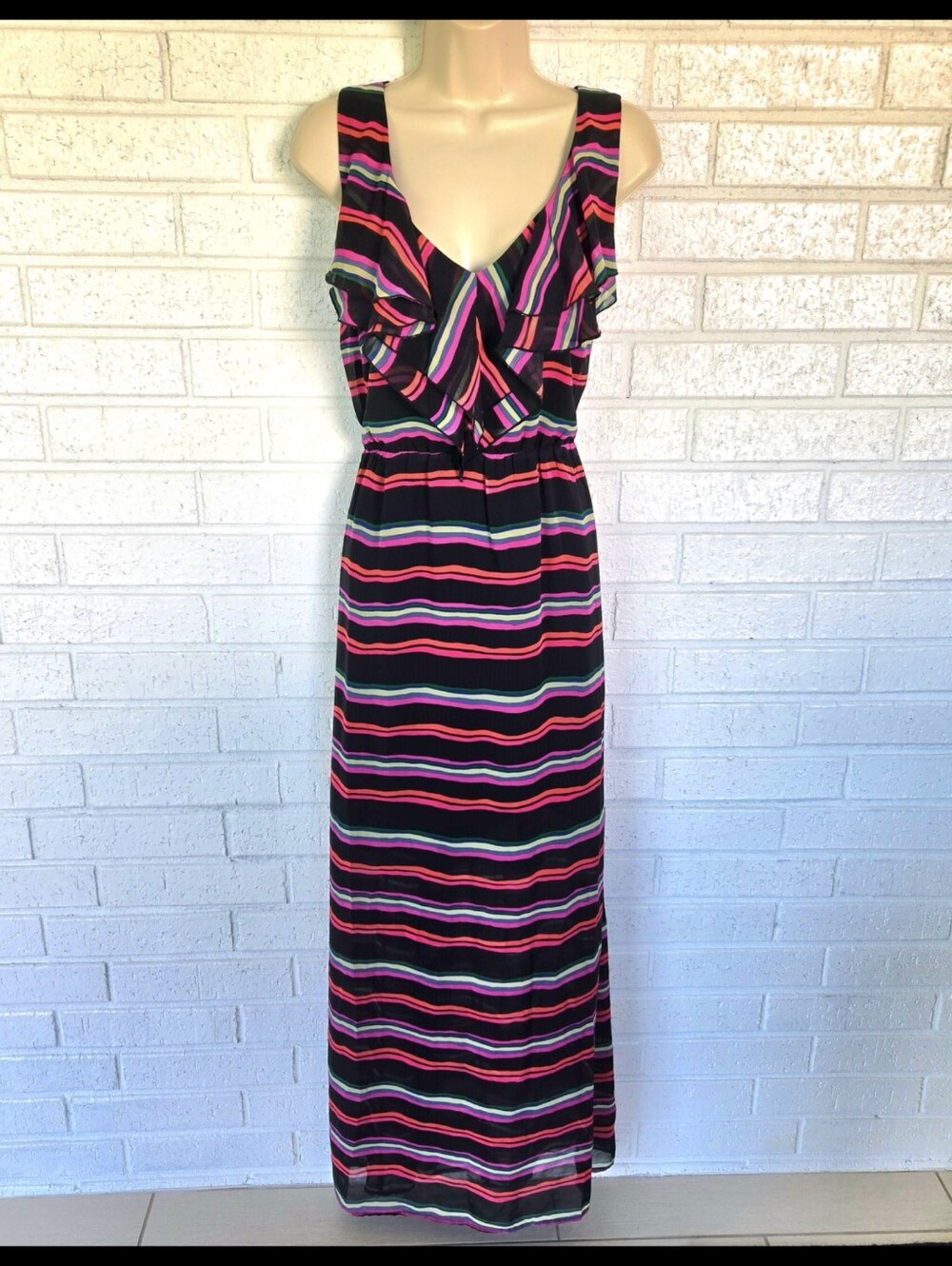 Striped V-Neck Maxi Dress in Black, Pink & Green #1220
